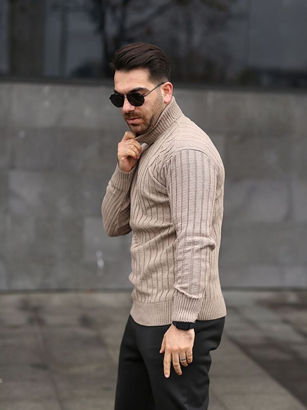 Bej Boğazlı Balıkçı Yaka Kışlık Triko Erkek Uzun Kollu Kazak-1