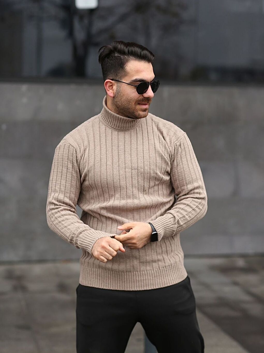 Bej Boğazlı Balıkçı Yaka Kışlık Triko Erkek Uzun Kollu Kazak-2