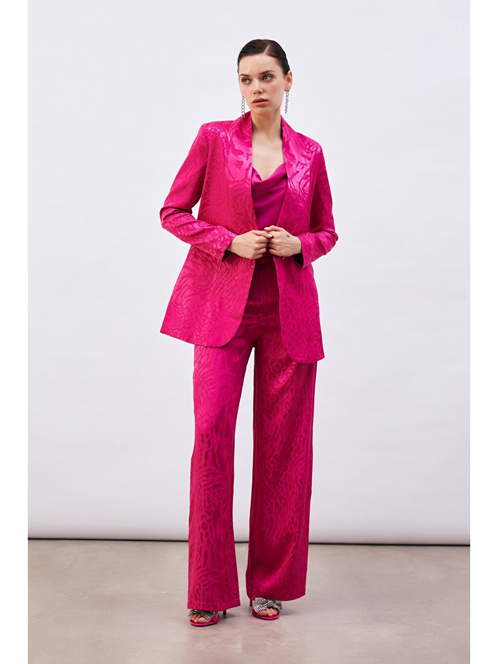 Desenli Saten Pantolon - Fuşya-1