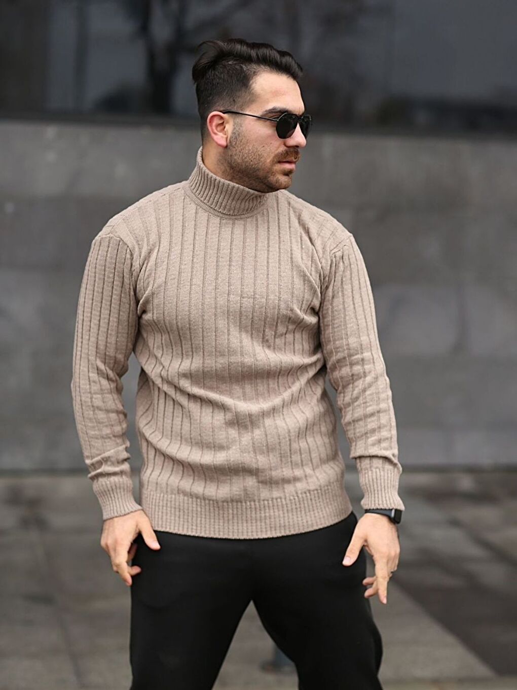 Bej Boğazlı Balıkçı Yaka Kışlık Triko Erkek Uzun Kollu Kazak-3