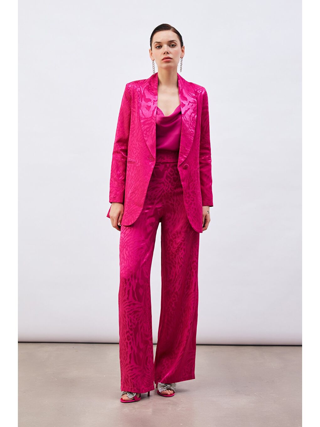 Desenli Saten Pantolon - Fuşya-2