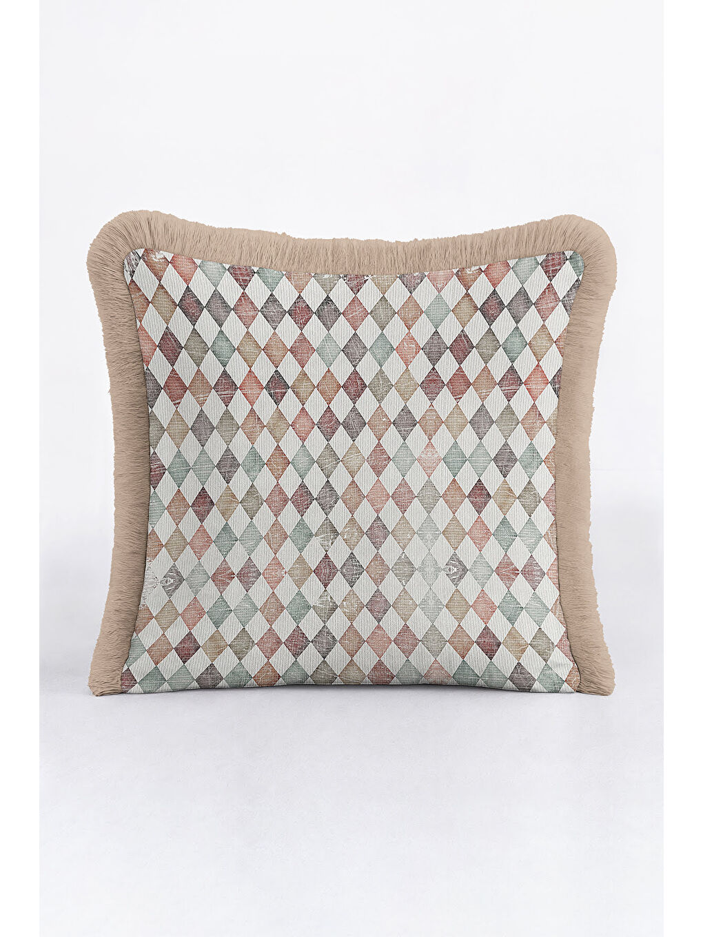 Karışık Zarif Retro Elmas Saçaklı Yastık Kılıfı - Eklektik Pastel Damalı Bej Püsküllü Kırlent Kılıfı-2