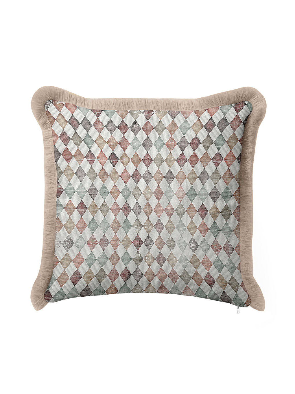 Karışık Zarif Retro Elmas Saçaklı Yastık Kılıfı - Eklektik Pastel Damalı Bej Püsküllü Kırlent Kılıfı-3