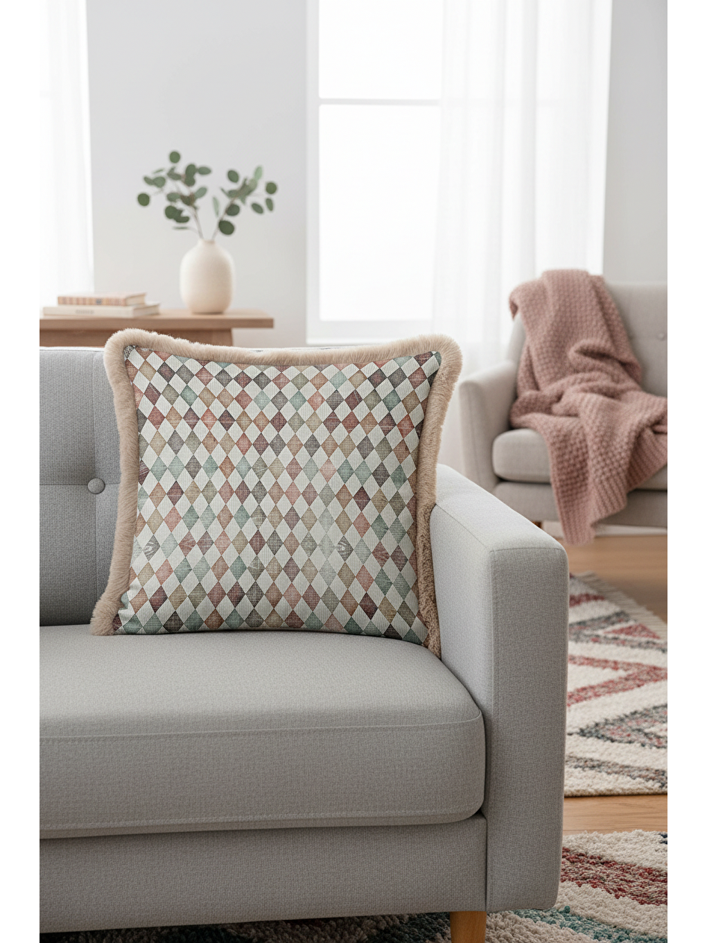 Karışık Zarif Retro Elmas Saçaklı Yastık Kılıfı - Eklektik Pastel Damalı Bej Püsküllü Kırlent Kılıfı-4