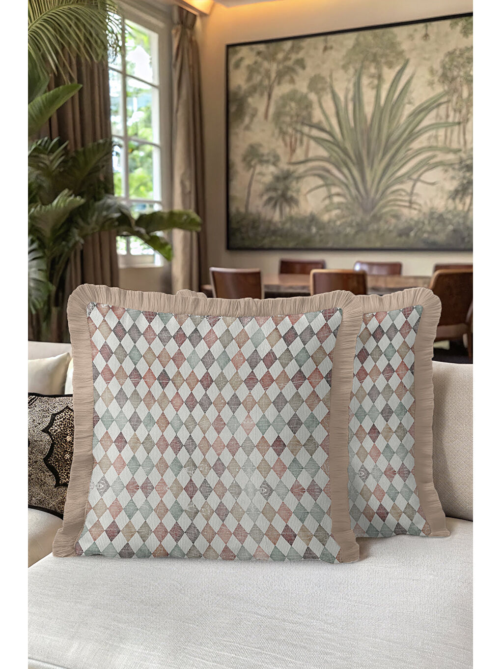 Karışık Zarif Retro Elmas Saçaklı Yastık Kılıfı - Eklektik Pastel Damalı Bej Püsküllü Kırlent Kılıfı-5