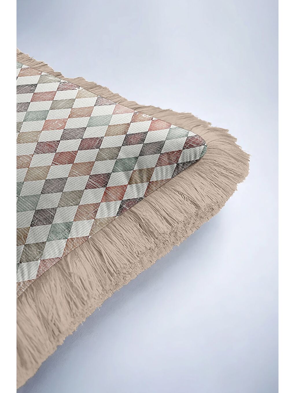 Karışık Zarif Retro Elmas Saçaklı Yastık Kılıfı - Eklektik Pastel Damalı Bej Püsküllü Kırlent Kılıfı-6