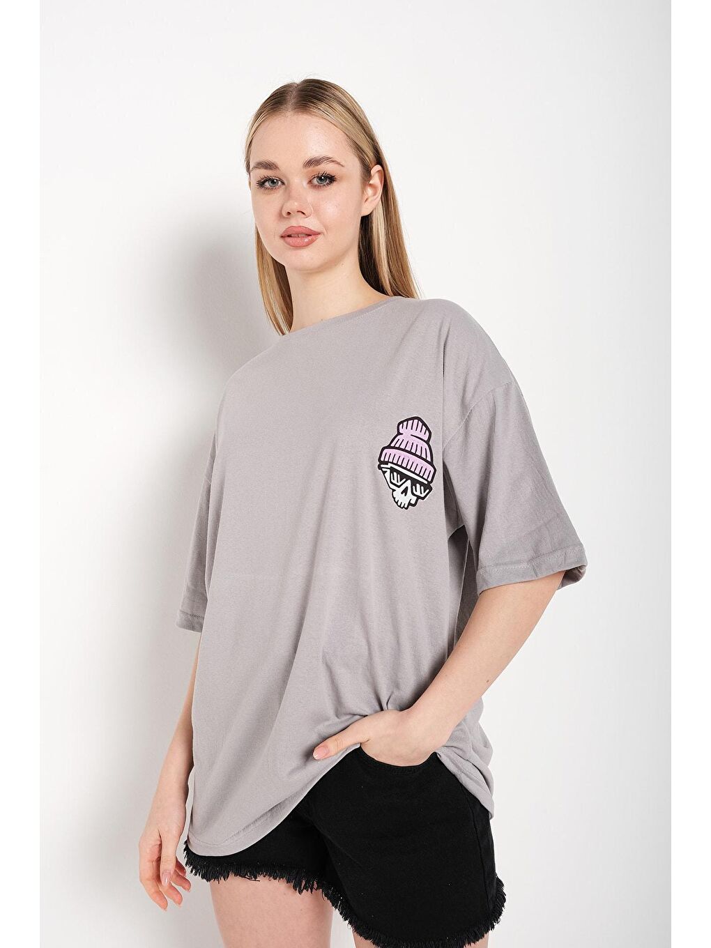 Kadın Boyamalı Gri Today Was Baskılı Oversize Tişört