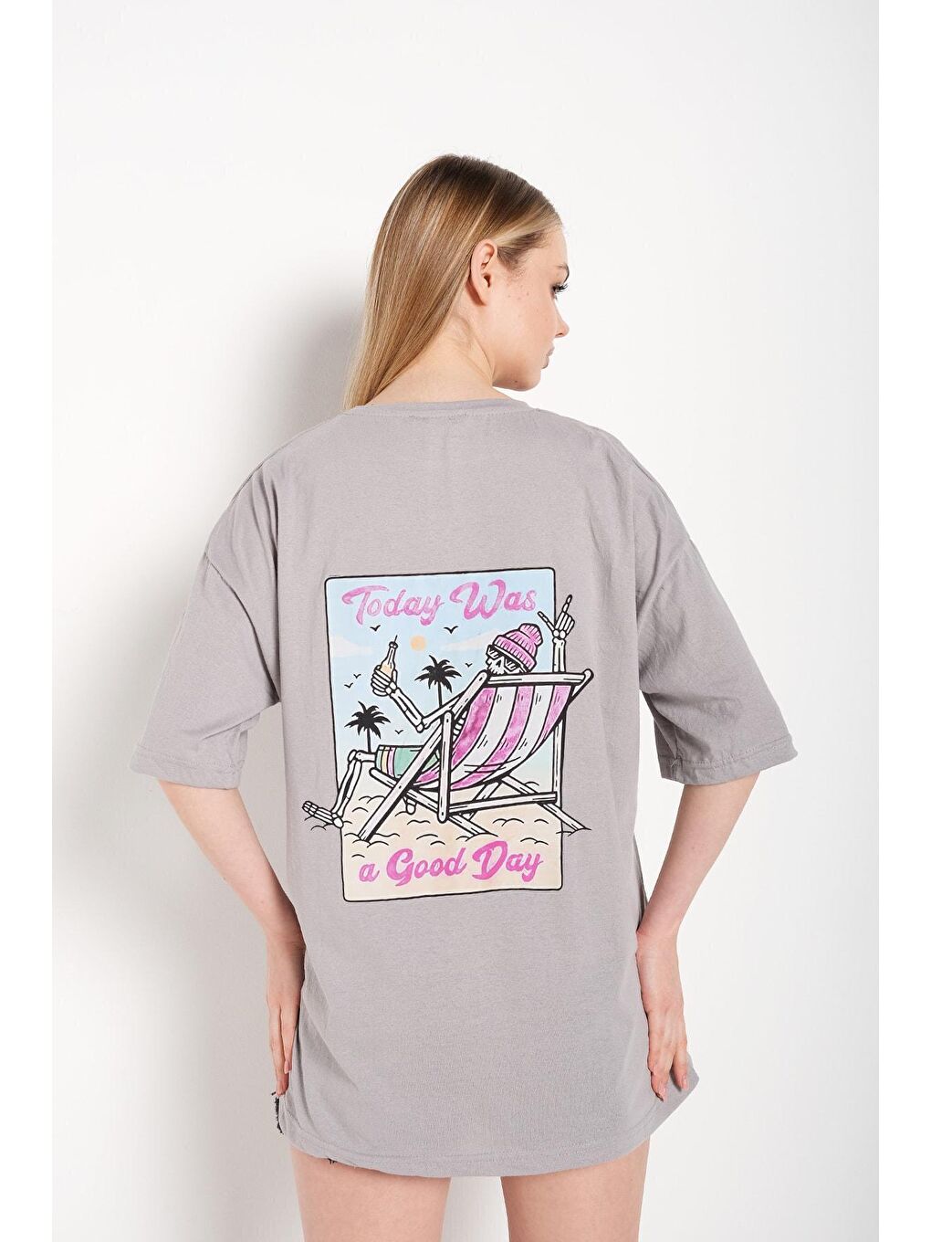 Kadın Boyamalı Gri Today Was Baskılı Oversize Tişört-2