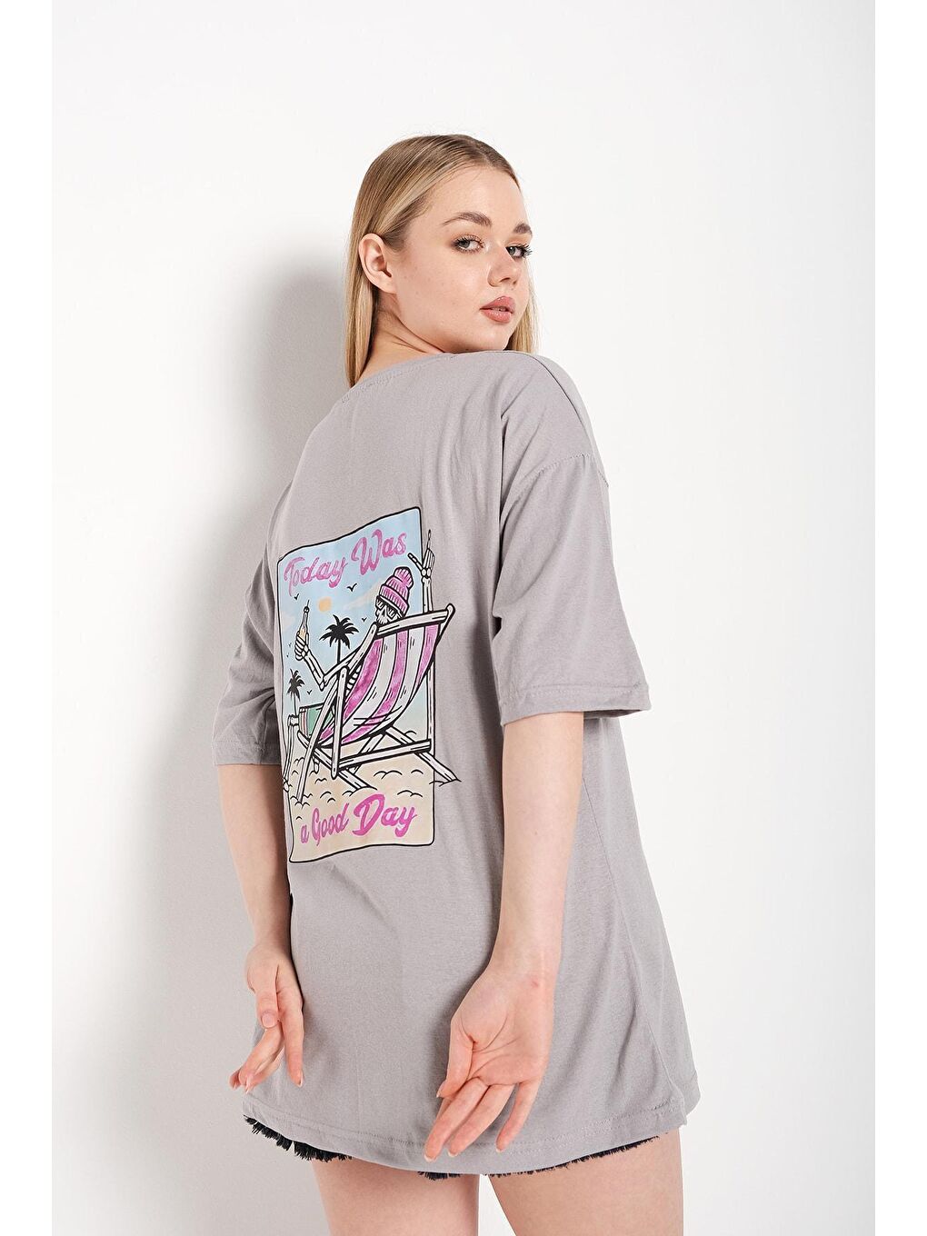 Kadın Boyamalı Gri Today Was Baskılı Oversize Tişört-4