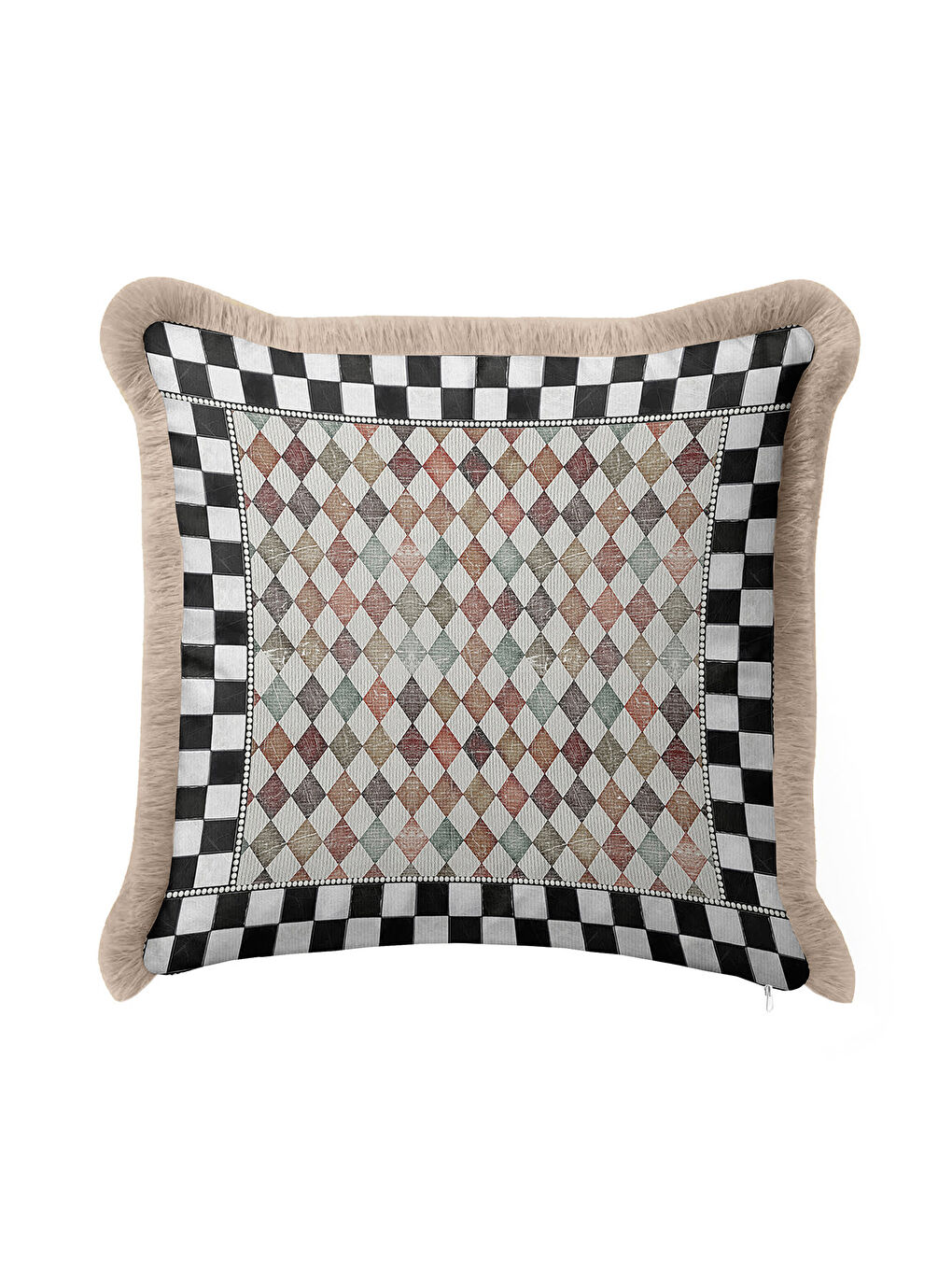 Karışık Lüks Harlequin Kare Motifli Saçaklı Yastık Kılıfı - Damalı Retro Bej Kenarlı Püsküllü Kırlent Kılıfı
