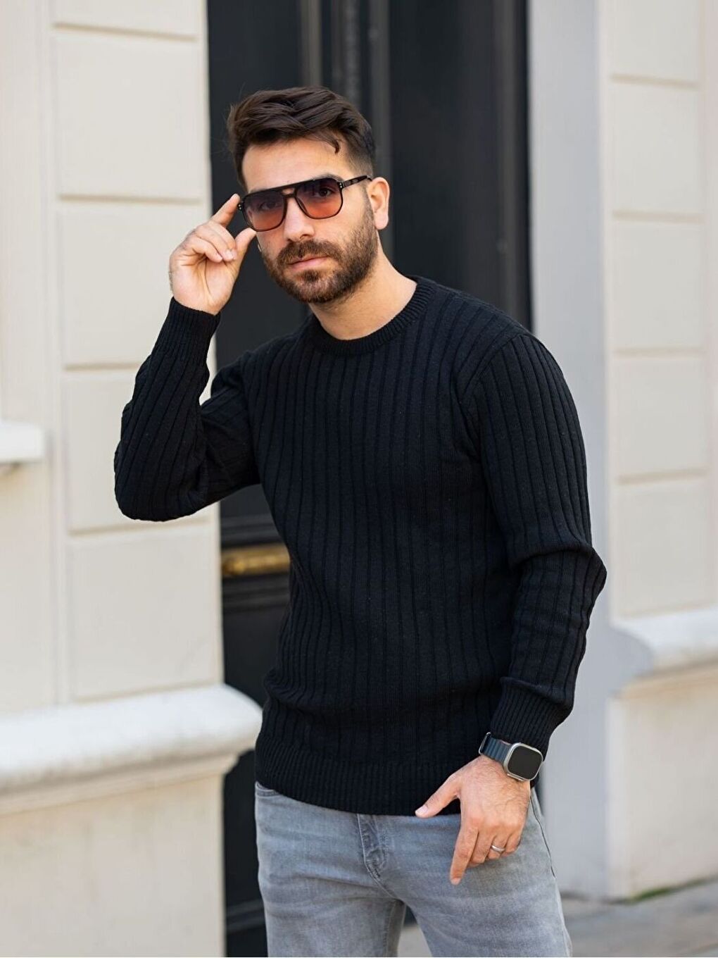 Siyah Selanik Bisiklet Yaka Triko Erkek Kazak