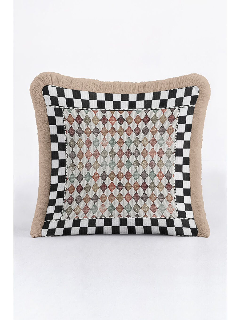 Karışık Lüks Harlequin Kare Motifli Saçaklı Yastık Kılıfı - Damalı Retro Bej Kenarlı Püsküllü Kırlent Kılıfı-1