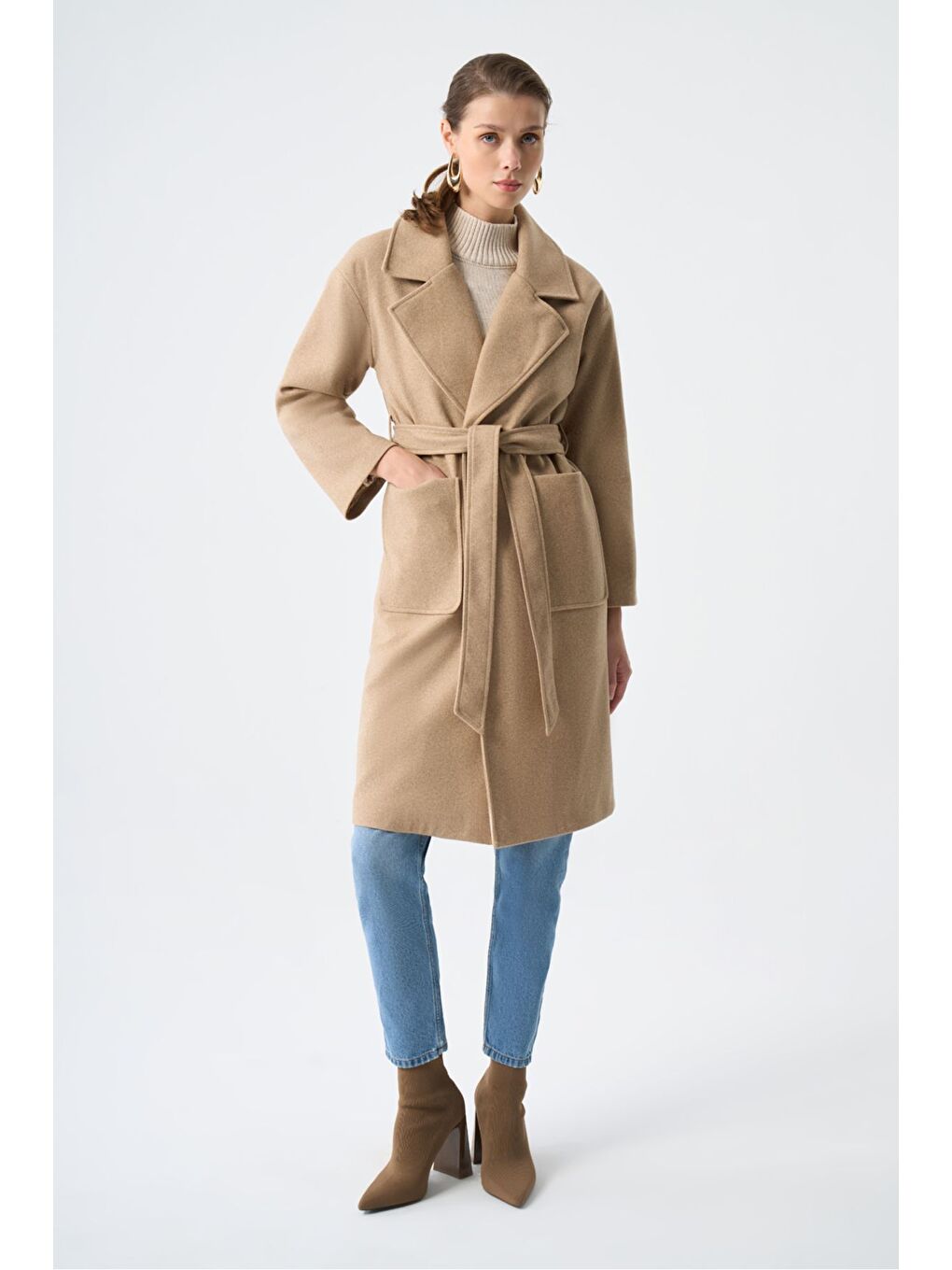 Bej Basic Kaşe Dokulu Vizon Kaban