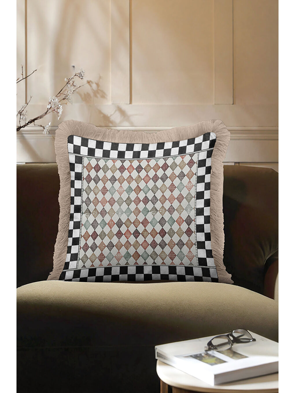 Karışık Lüks Harlequin Kare Motifli Saçaklı Yastık Kılıfı - Damalı Retro Bej Kenarlı Püsküllü Kırlent Kılıfı-2