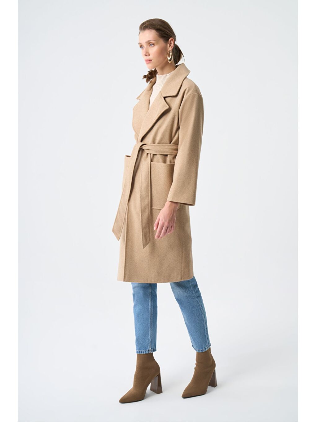 Bej Basic Kaşe Dokulu Vizon Kaban-1