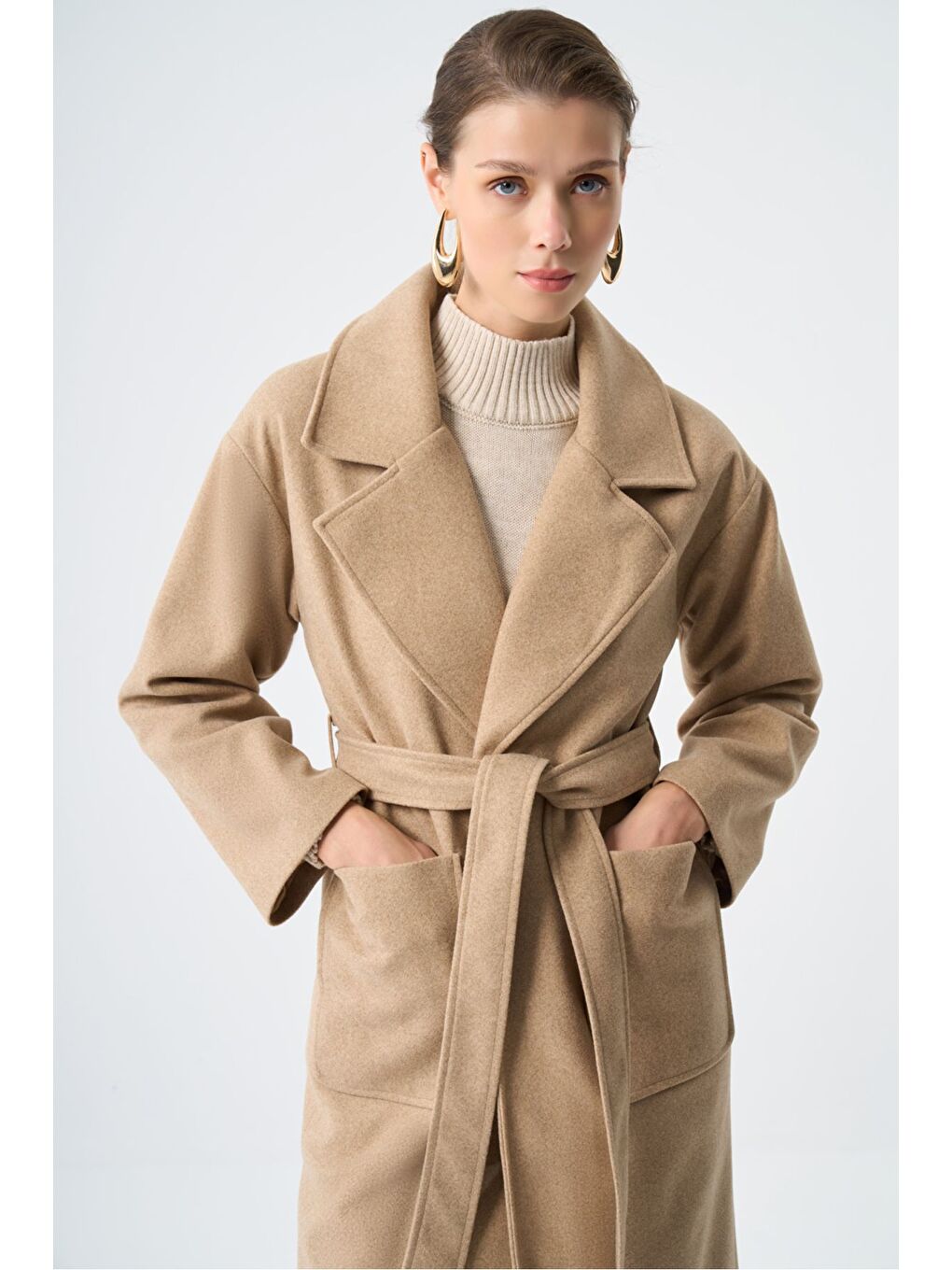 Bej Basic Kaşe Dokulu Vizon Kaban-2