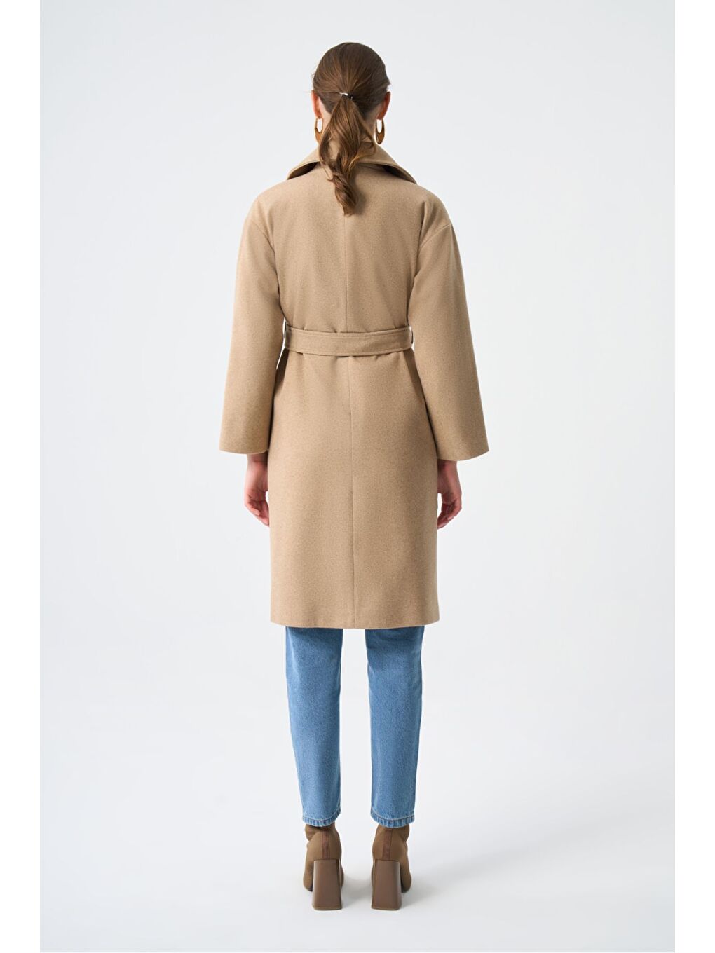 Bej Basic Kaşe Dokulu Vizon Kaban-3