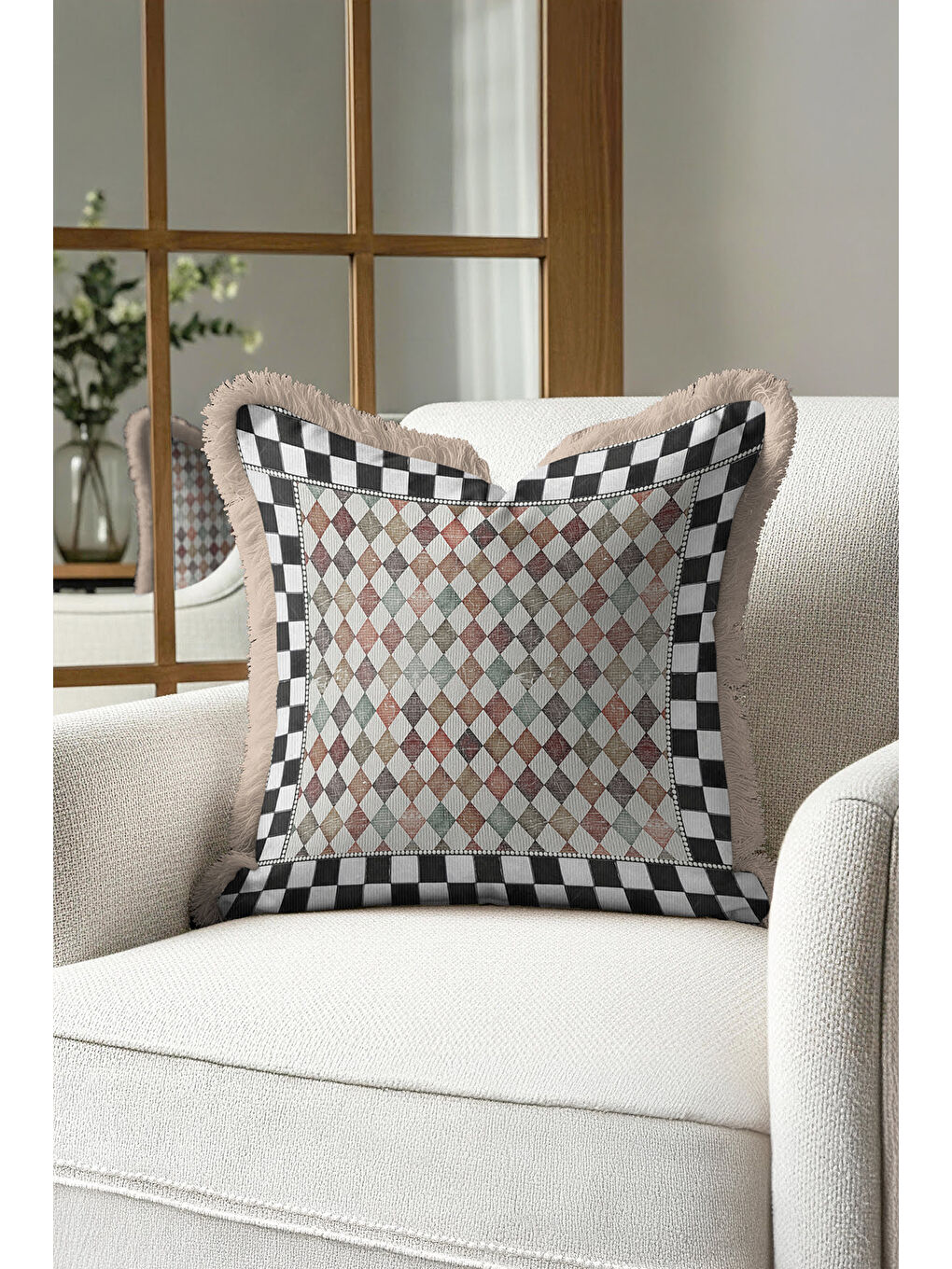 Karışık Lüks Harlequin Kare Motifli Saçaklı Yastık Kılıfı - Damalı Retro Bej Kenarlı Püsküllü Kırlent Kılıfı-3