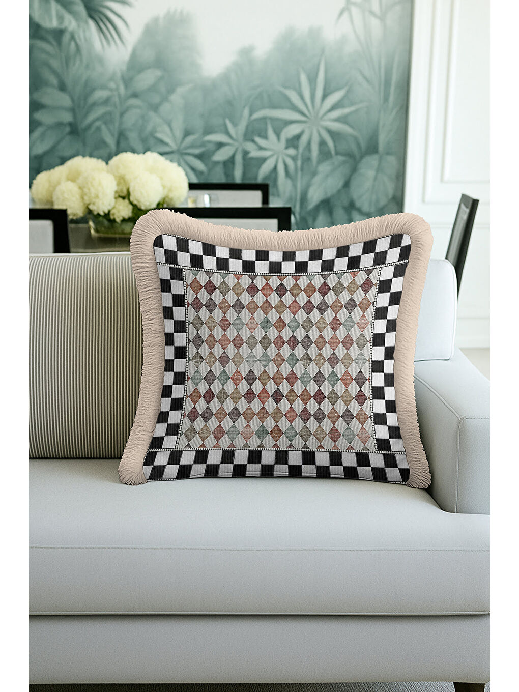 Karışık Lüks Harlequin Kare Motifli Saçaklı Yastık Kılıfı - Damalı Retro Bej Kenarlı Püsküllü Kırlent Kılıfı-4