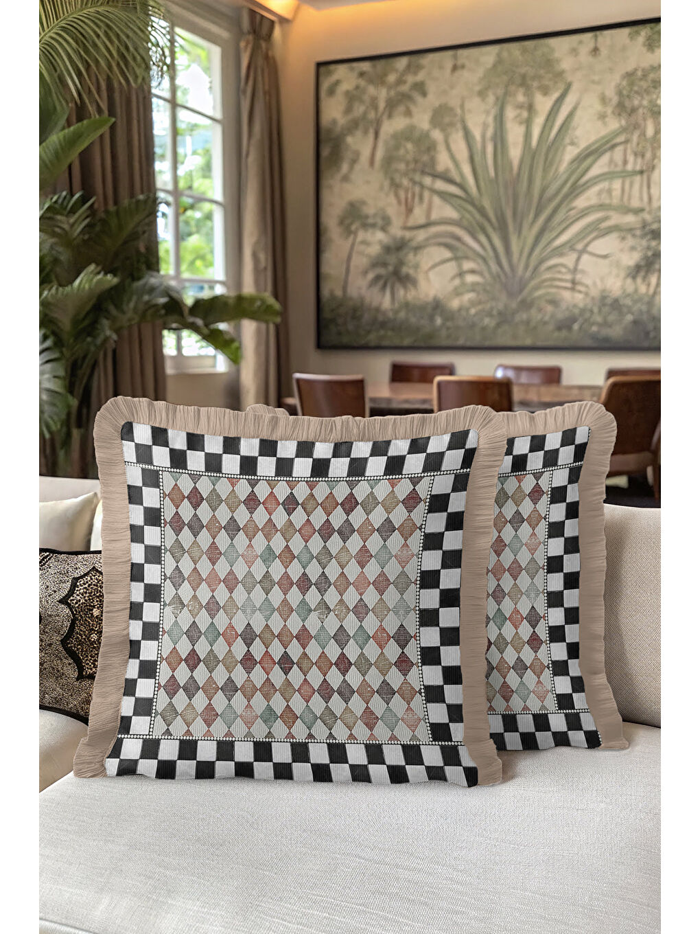Karışık Lüks Harlequin Kare Motifli Saçaklı Yastık Kılıfı - Damalı Retro Bej Kenarlı Püsküllü Kırlent Kılıfı-5