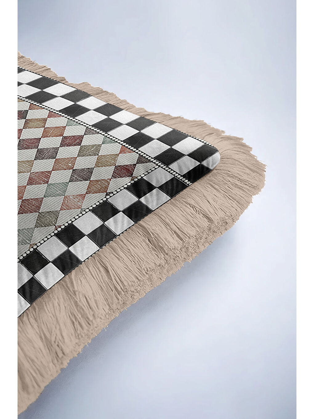 Karışık Lüks Harlequin Kare Motifli Saçaklı Yastık Kılıfı - Damalı Retro Bej Kenarlı Püsküllü Kırlent Kılıfı-6
