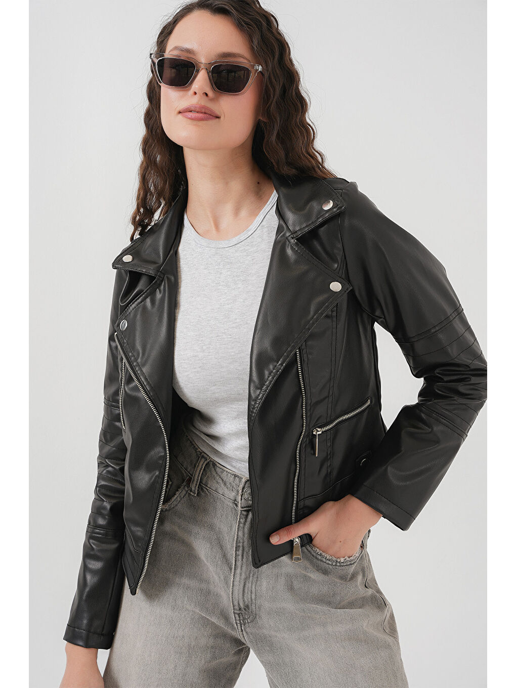 Bigdart 1025 Suni Deri Biker Ceket - Siyah