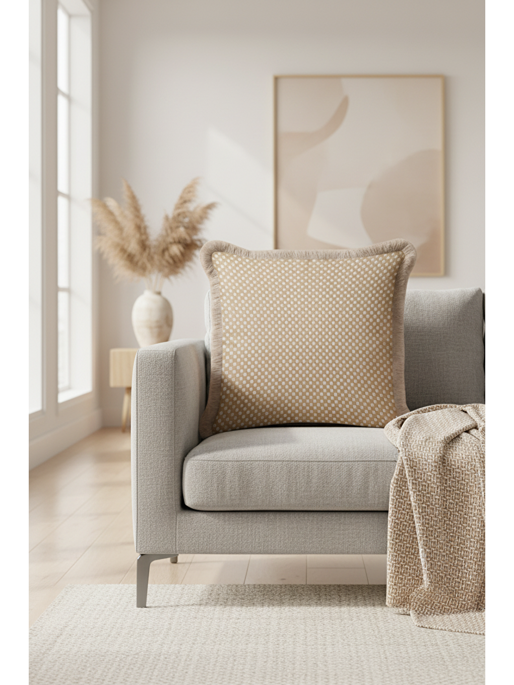 Karışık Nostaljik Puantiyeli Saçaklı Yastık Kılıfı - Sade Country Bej Krem Püsküllü Kırlent Kılıfı-3