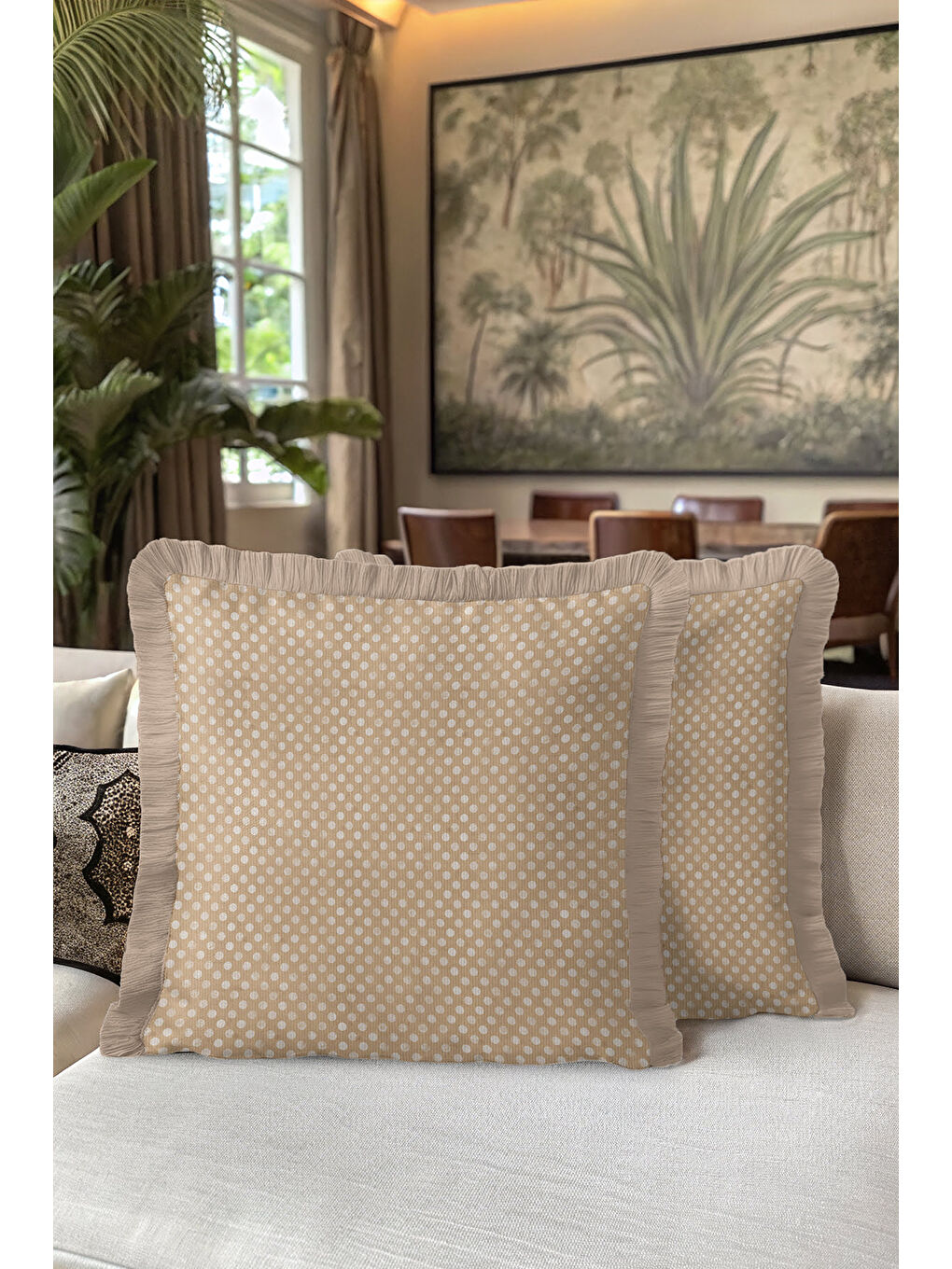 Karışık Nostaljik Puantiyeli Saçaklı Yastık Kılıfı - Sade Country Bej Krem Püsküllü Kırlent Kılıfı-5