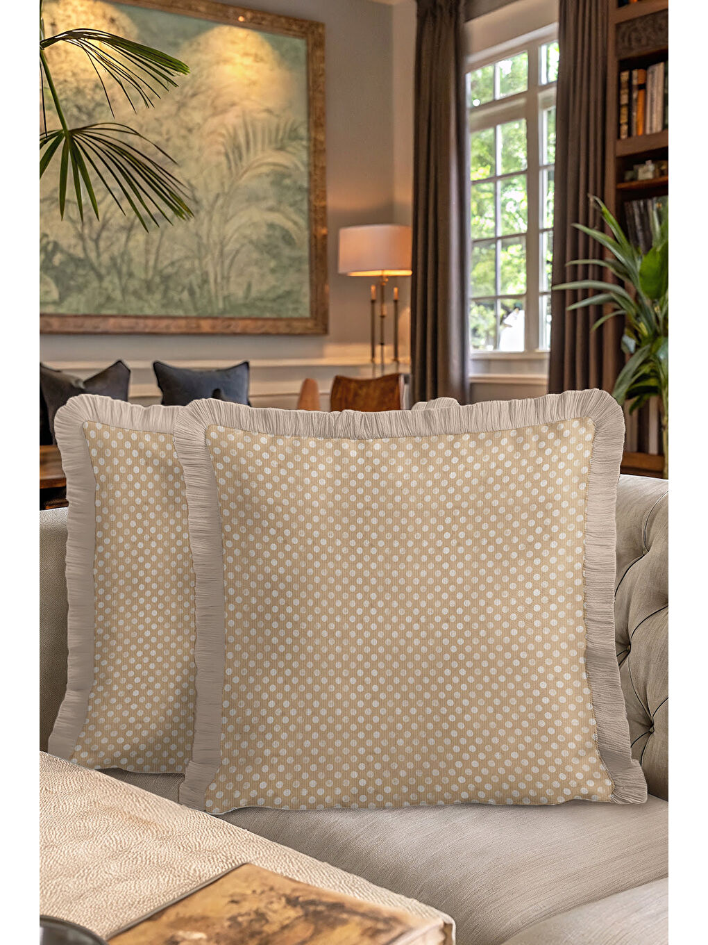 Karışık Nostaljik Puantiyeli Saçaklı Yastık Kılıfı - Sade Country Bej Krem Püsküllü Kırlent Kılıfı-7
