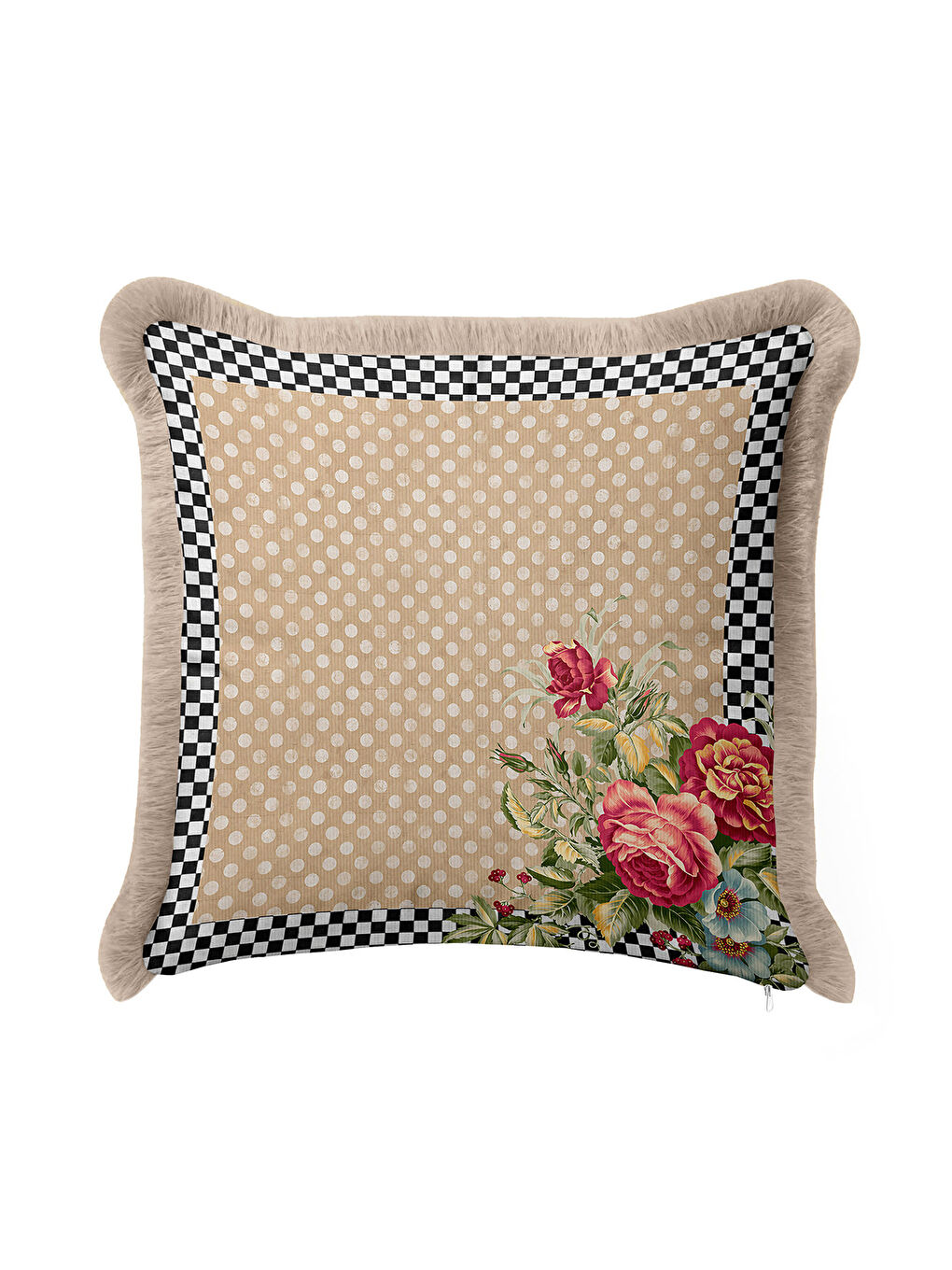 Karışık Zarif Puantiyeli Çiçekli Saçaklı Yastık Kılıfı - Retro Elegan Bej Siyah Krem Püsküllü Kırlent Kılıfı