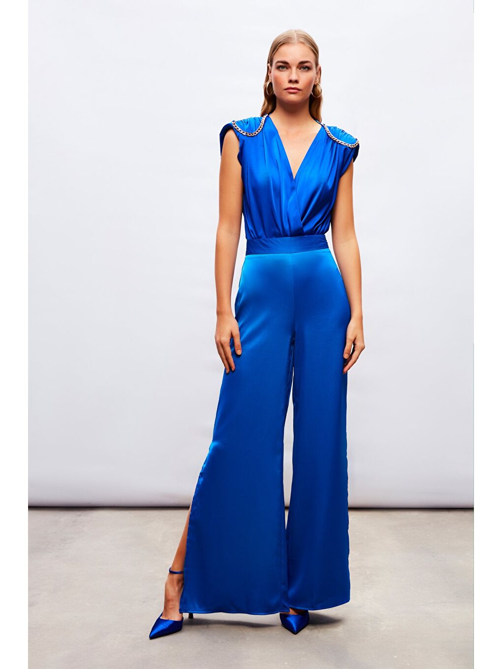 Yırtmaç Detaylı Saten Pantolon - Sax Mavi-1