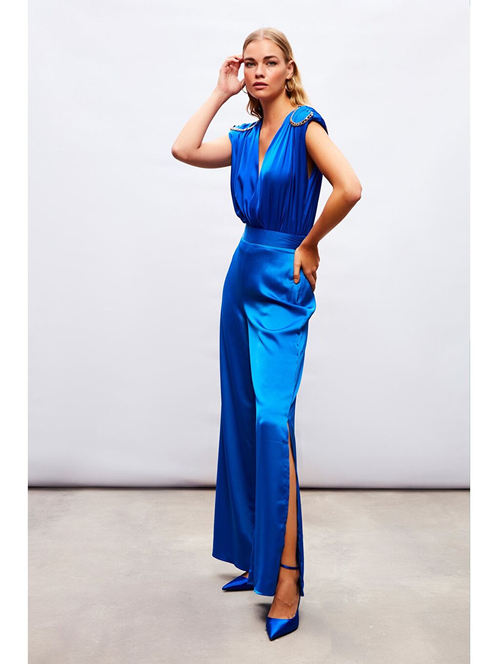 Yırtmaç Detaylı Saten Pantolon - Sax Mavi-2