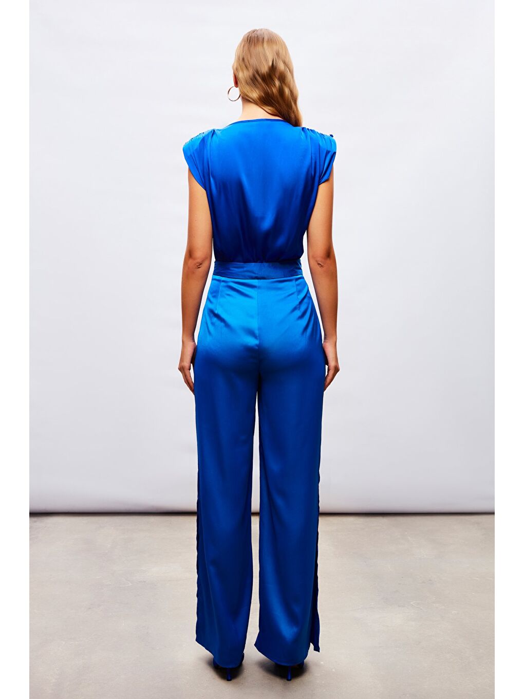 Yırtmaç Detaylı Saten Pantolon - Sax Mavi-5