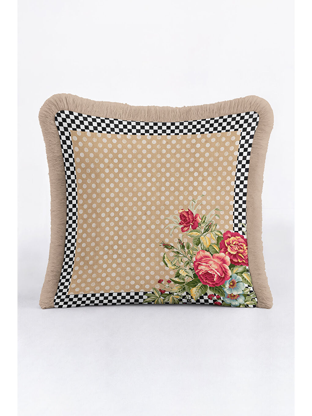 Karışık Zarif Puantiyeli Çiçekli Saçaklı Yastık Kılıfı - Retro Elegan Bej Siyah Krem Püsküllü Kırlent Kılıfı-1