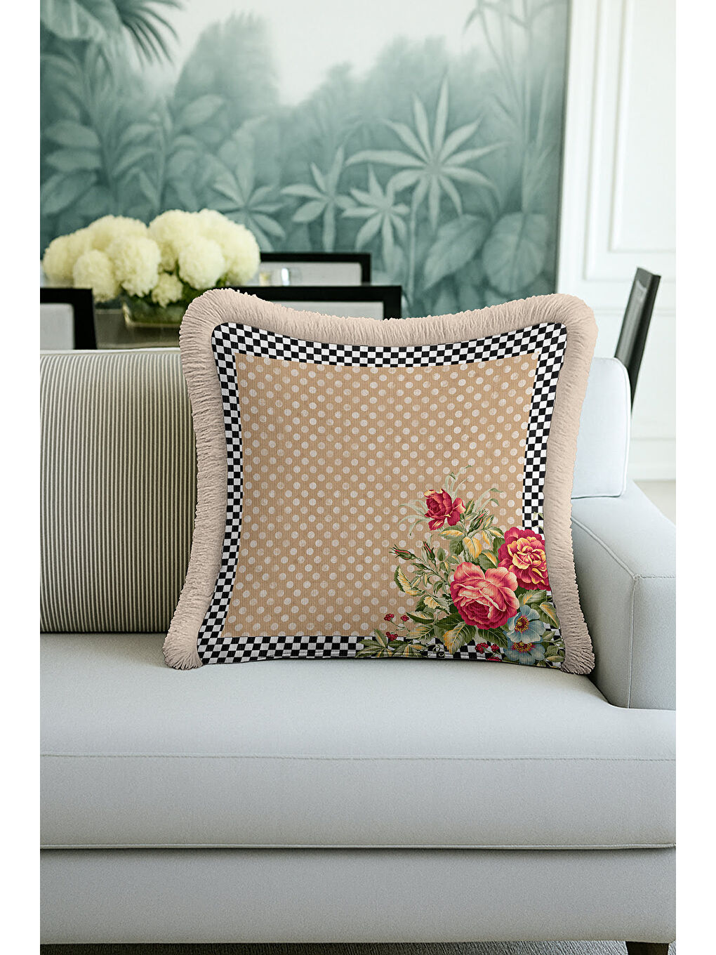 Karışık Zarif Puantiyeli Çiçekli Saçaklı Yastık Kılıfı - Retro Elegan Bej Siyah Krem Püsküllü Kırlent Kılıfı-2