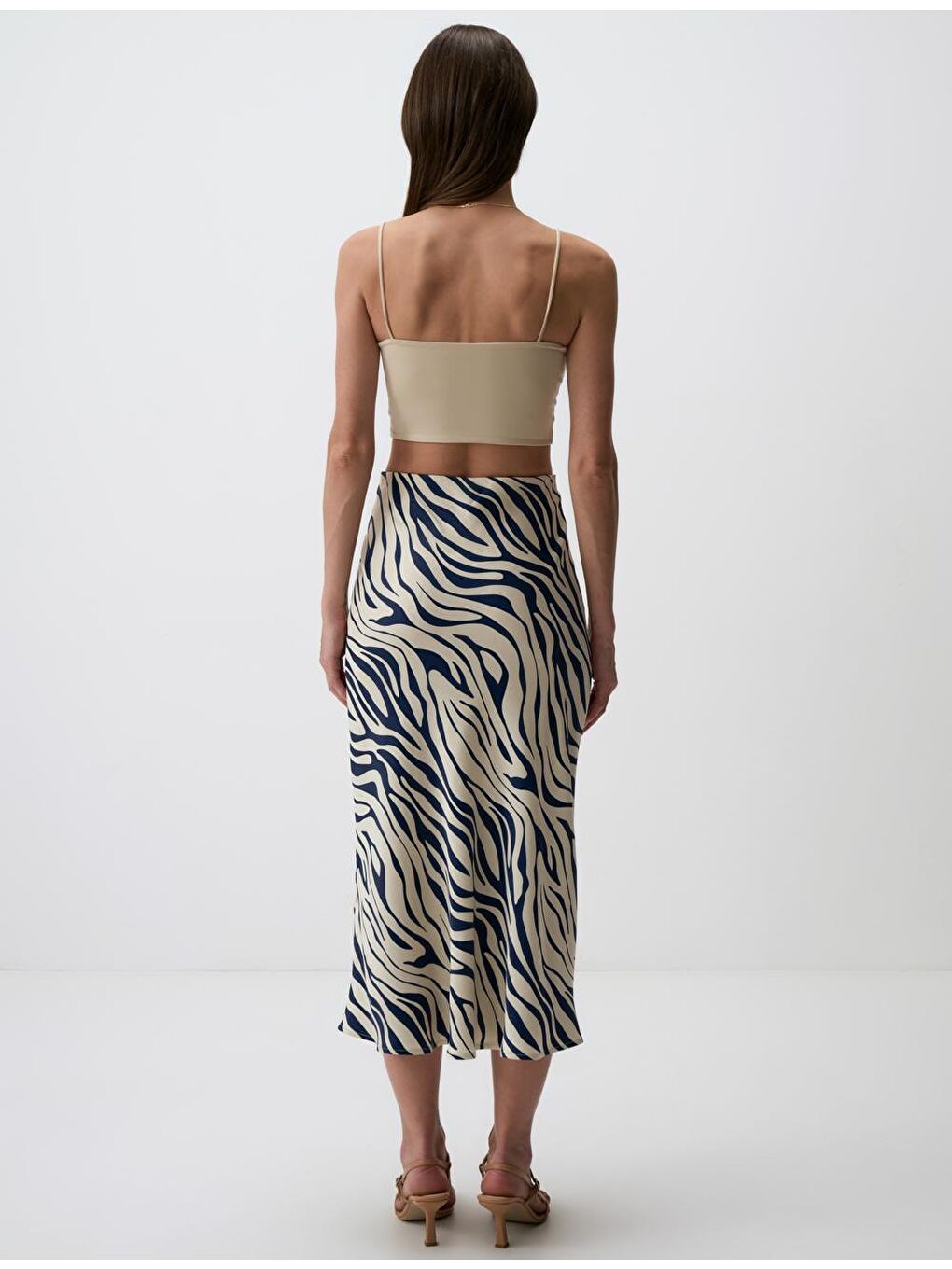 Lacivert Normal Bel Çizgili Saten Midi Etek-5
