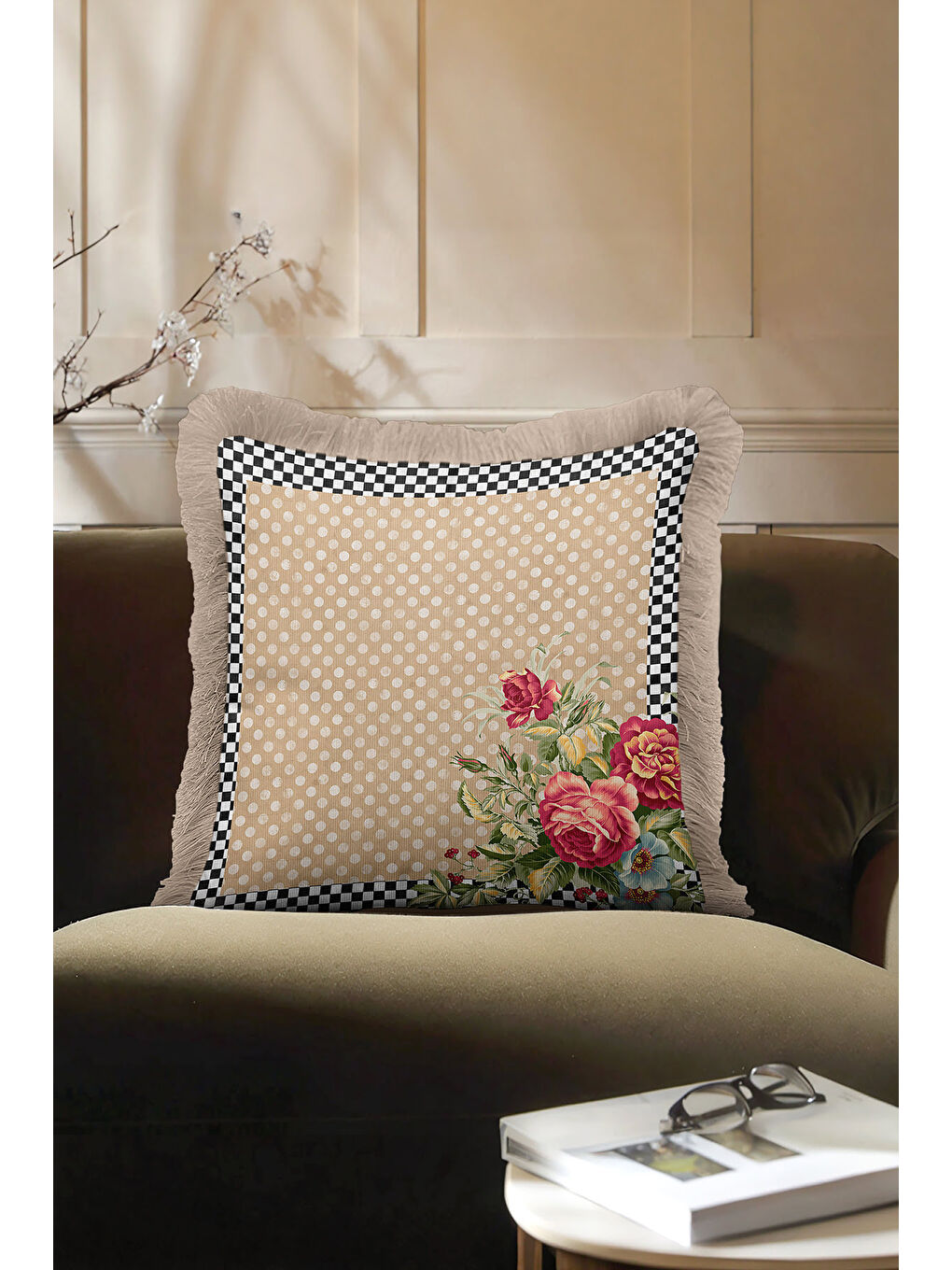 Karışık Zarif Puantiyeli Çiçekli Saçaklı Yastık Kılıfı - Retro Elegan Bej Siyah Krem Püsküllü Kırlent Kılıfı-3