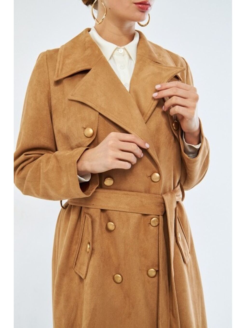 Bej Süet Dokulu Vizon Trençkot-1