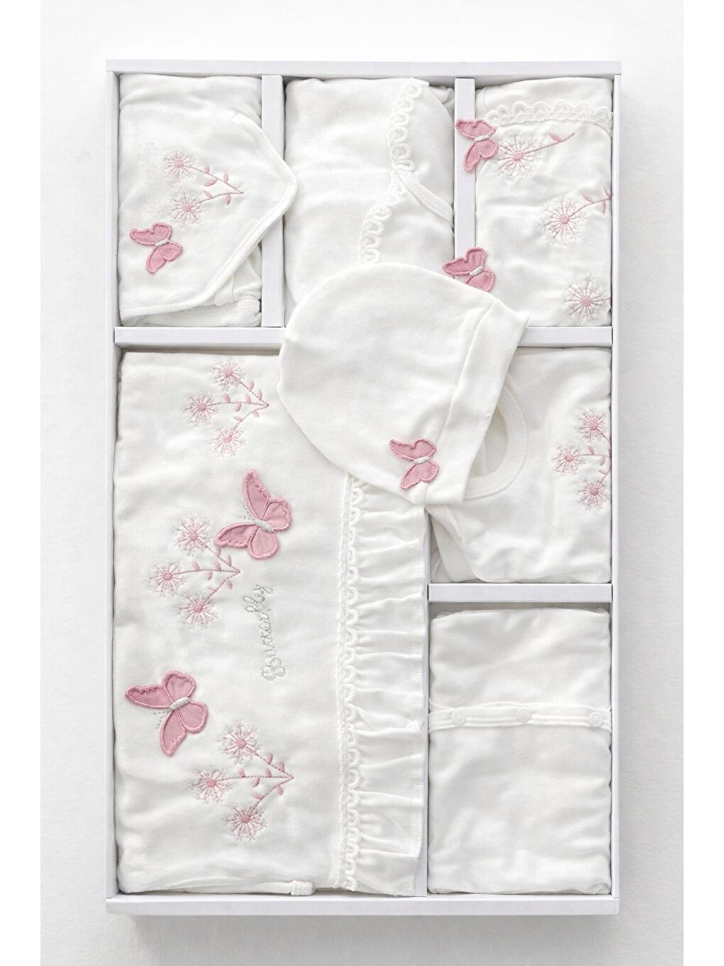 Beyaz Kız Bebek Kutulu Premium Kelebekli 10lu Hastane Çıkış Seti Pamuklu Yenidoğan-1