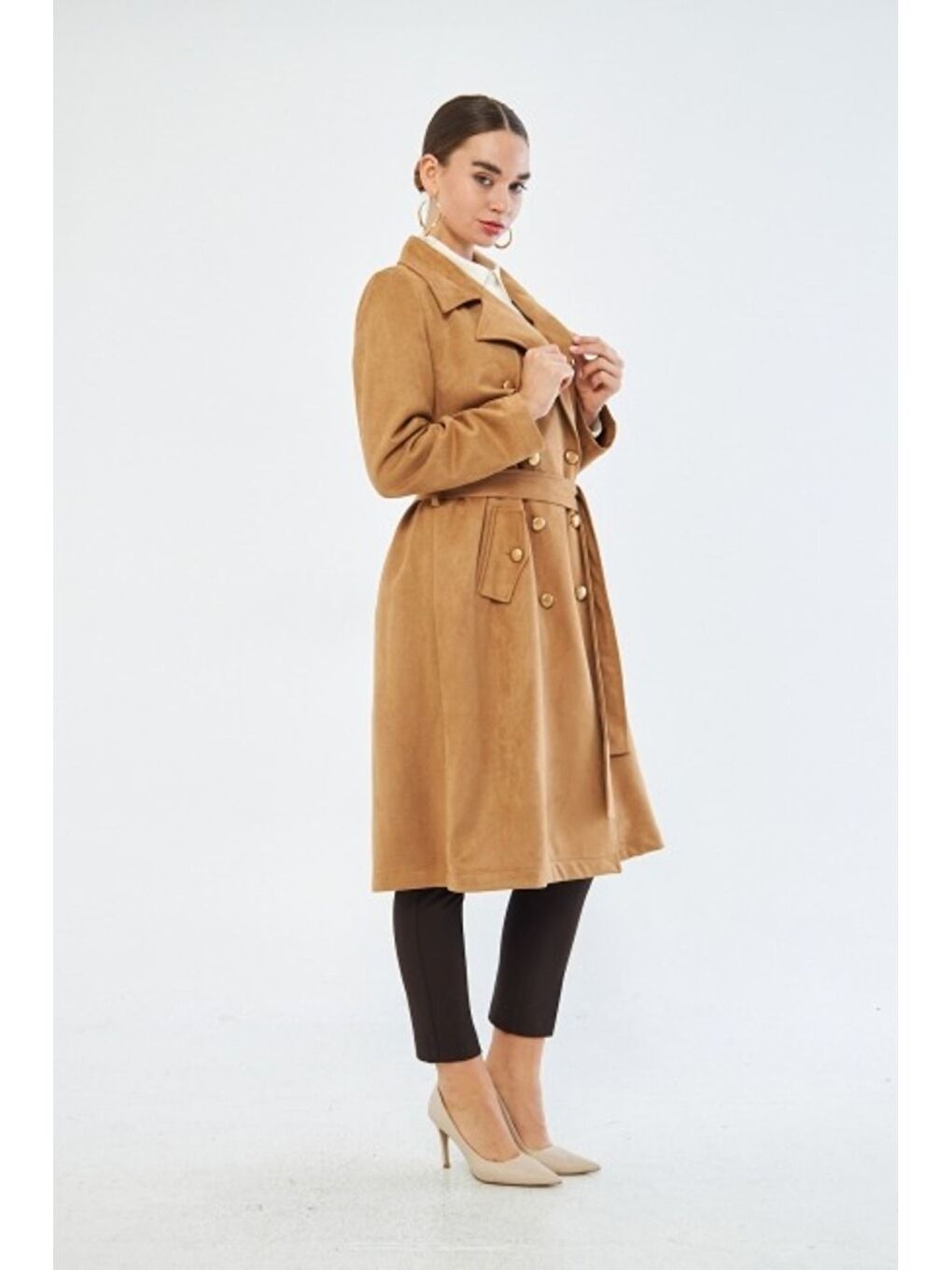 Bej Süet Dokulu Vizon Trençkot-2