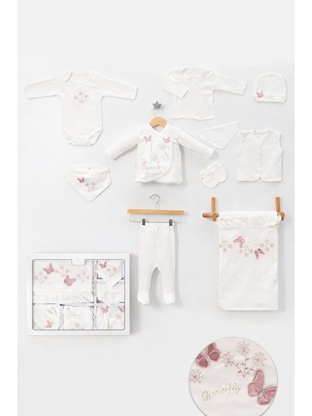 Beyaz Kız Bebek Kutulu Premium Kelebekli 10lu Hastane Çıkış Seti Pamuklu Yenidoğan