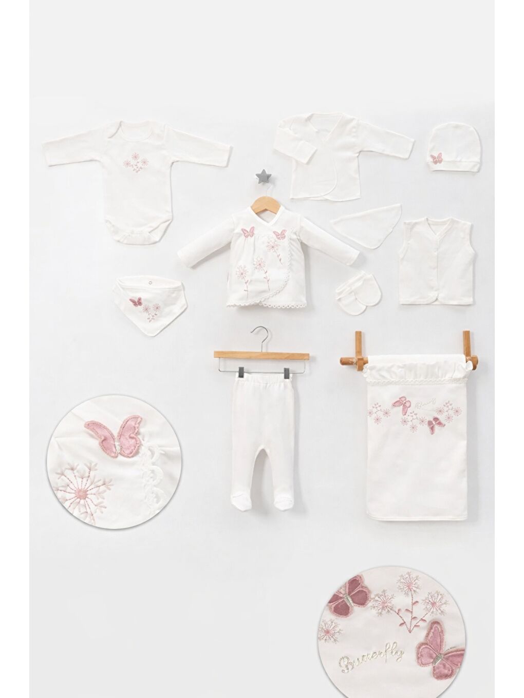 Beyaz Kız Bebek Kutulu Premium Kelebekli 10lu Hastane Çıkış Seti Pamuklu Yenidoğan-2