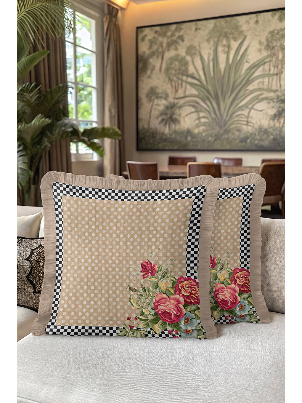 Karışık Zarif Puantiyeli Çiçekli Saçaklı Yastık Kılıfı - Retro Elegan Bej Siyah Krem Püsküllü Kırlent Kılıfı-5