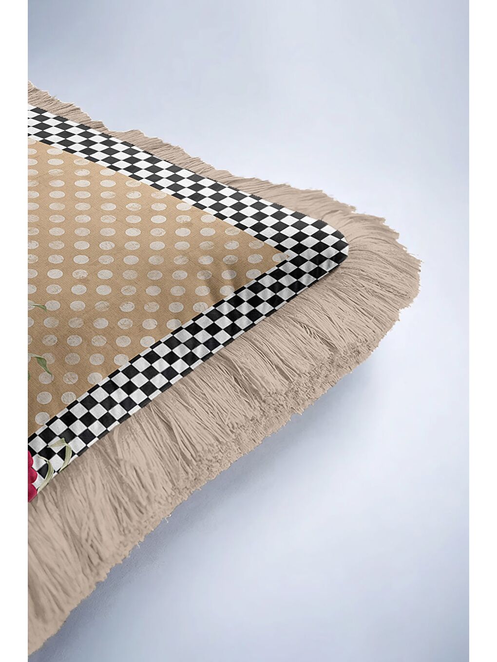 Karışık Zarif Puantiyeli Çiçekli Saçaklı Yastık Kılıfı - Retro Elegan Bej Siyah Krem Püsküllü Kırlent Kılıfı-6