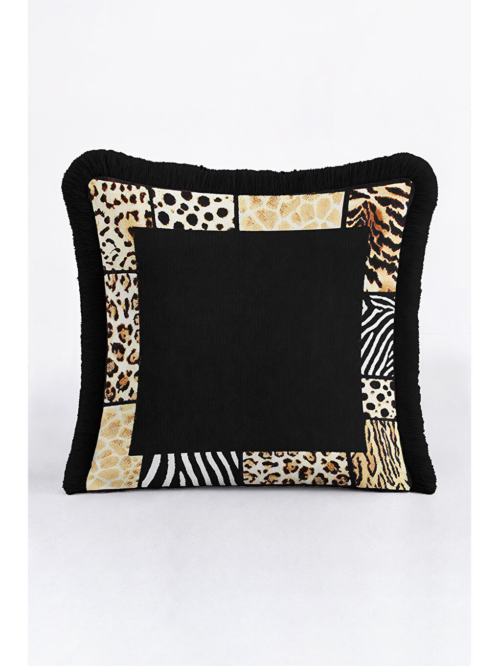 Karışık Vahşi Dokulu Saçaklı Yastık Kılıfı - Safari Glam Bohem Siyah Altın Renkli Püsküllü Kırlent Kılıfı-1