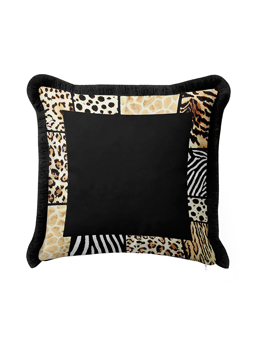 Karışık Vahşi Dokulu Saçaklı Yastık Kılıfı - Safari Glam Bohem Siyah Altın Renkli Püsküllü Kırlent Kılıfı-2