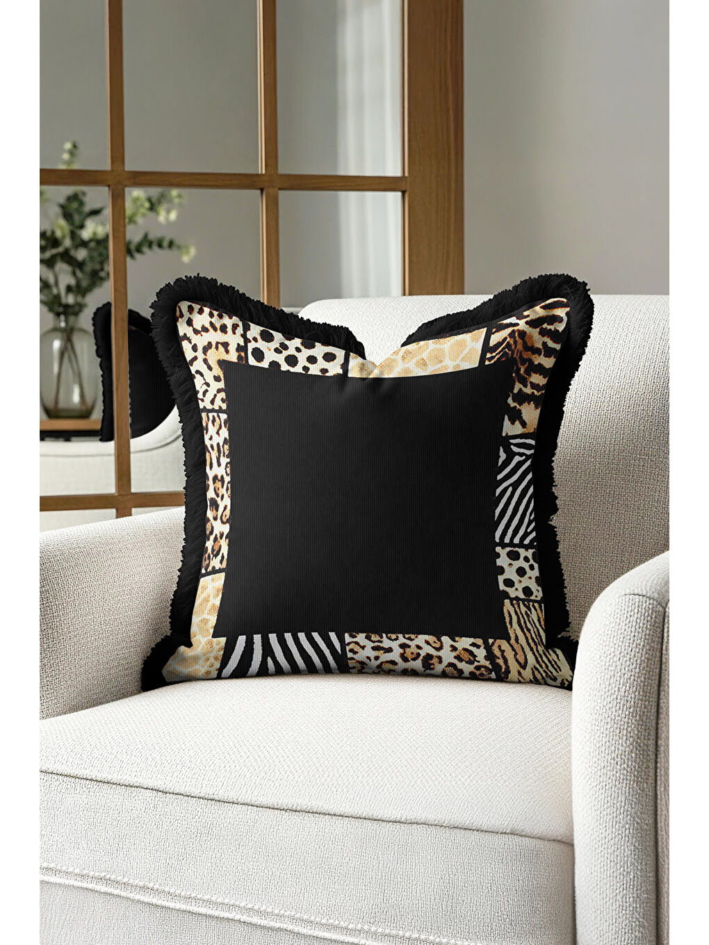 Karışık Vahşi Dokulu Saçaklı Yastık Kılıfı - Safari Glam Bohem Siyah Altın Renkli Püsküllü Kırlent Kılıfı-3