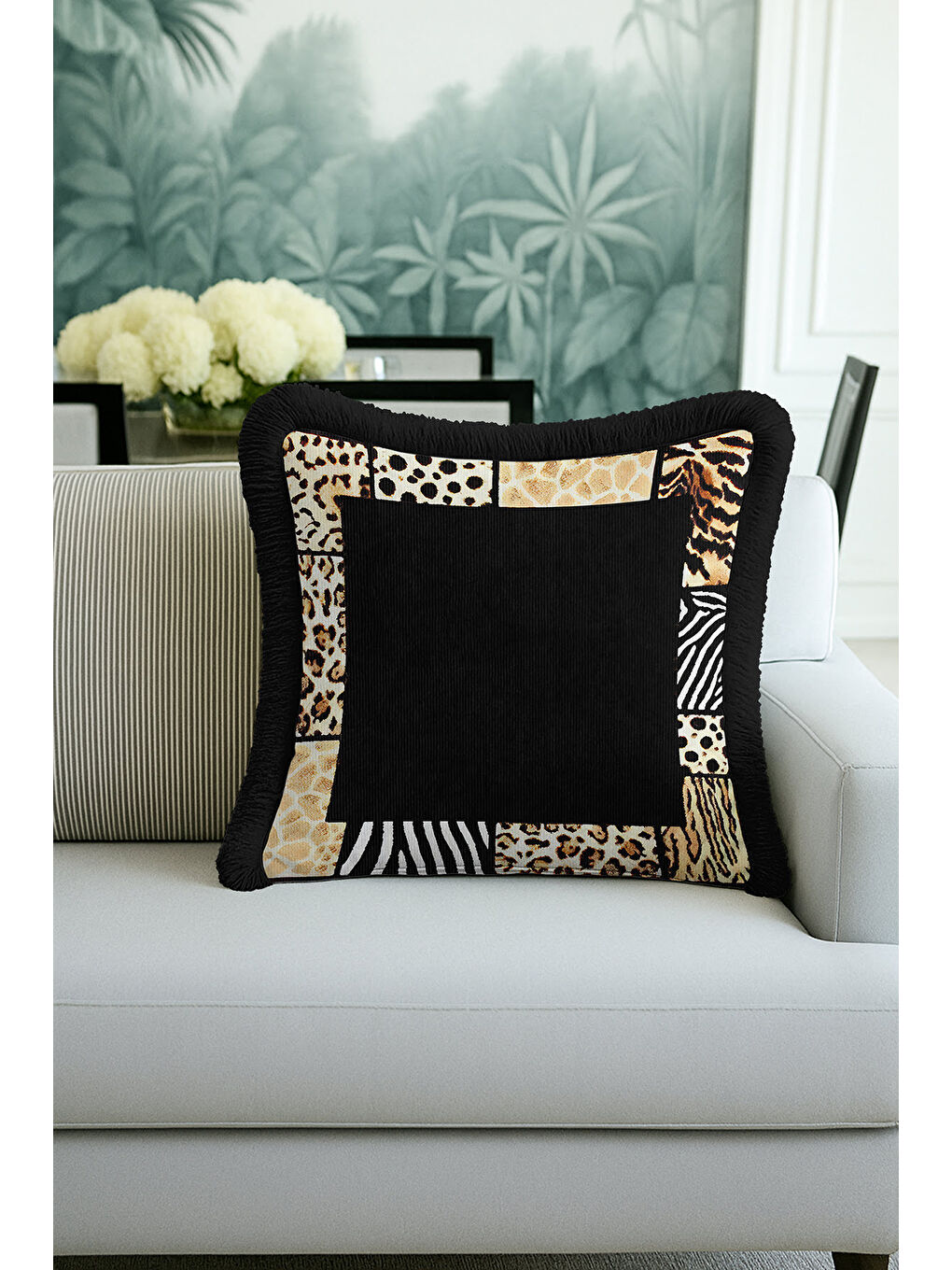 Karışık Vahşi Dokulu Saçaklı Yastık Kılıfı - Safari Glam Bohem Siyah Altın Renkli Püsküllü Kırlent Kılıfı-4