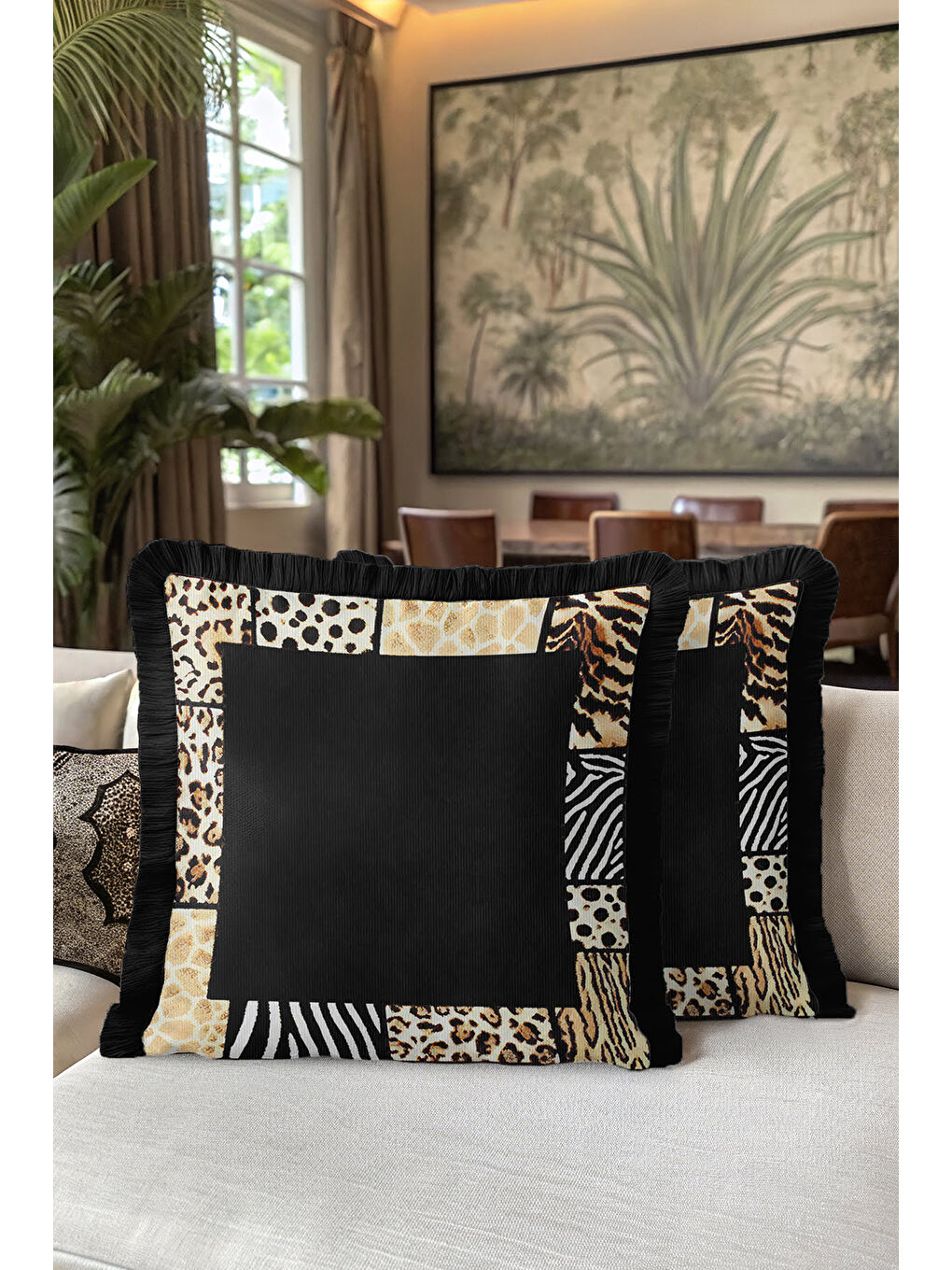 Karışık Vahşi Dokulu Saçaklı Yastık Kılıfı - Safari Glam Bohem Siyah Altın Renkli Püsküllü Kırlent Kılıfı-5