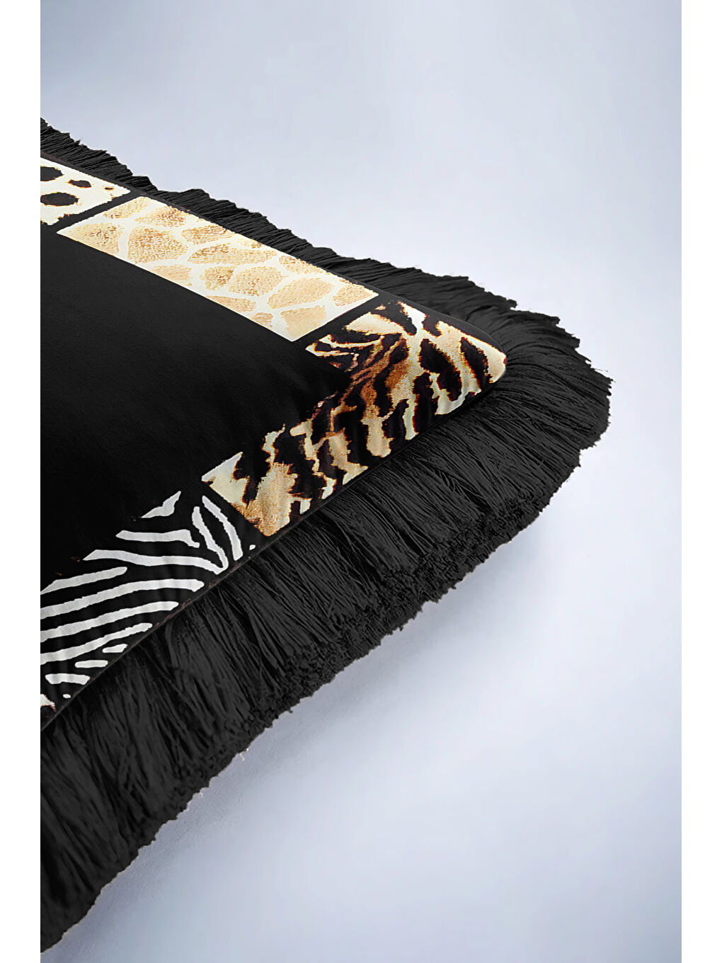 Karışık Vahşi Dokulu Saçaklı Yastık Kılıfı - Safari Glam Bohem Siyah Altın Renkli Püsküllü Kırlent Kılıfı-6